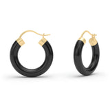 Black Agate Hoop Earrings, 18K Yellow Gold