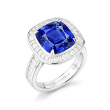 Unheated Cushion Blue Sapphire and Diamonds Baguette, Platinum Ring