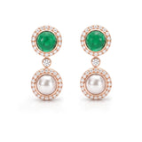 Cabochon Emerald, Diamond & Pearl Drop Earrings, 18K Gold