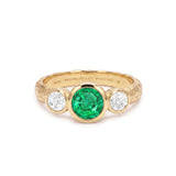 Round Emerald Trilogy Ring with Diamonds in Textured 18ct Gold