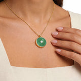 Jade and Diamond Amulet Pendant, 18K Gold on model