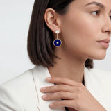 Lapis Lazuli and Diamond Amulet Drop Earrings in 18K Gold on model