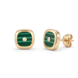 Malachite & Diamond Cushion Stud Earrings, 18K Gold