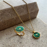 malachite and diamond ring and necklace set in yellow gold 18k