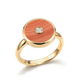 Coral and Diamond Amulet Ring, 18K Yellow Gold on hand