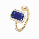 Blue Sapphire and Diamond Baguette Open Ring, 18K Yellow Gold