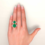 Oval Emerald & Half Moon Diamond Trilogy Ring, 950 Platinum, 18K Gold on hand