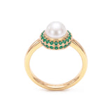 Pearl & Emerald Halo Ring, 18K Gold