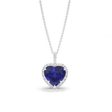 Heart Blue Sapphire & Diamonds Halo Necklace, 18K White Gold