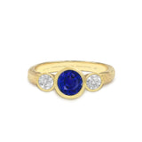 Round Sapphire & Diamonds Bezel Set Trilogy, 18K Raw Gold Ring