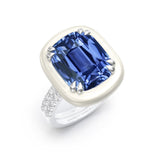 Cushion sapphire and diamonds with white resin bezel in platinum ring