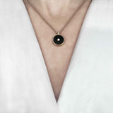 Black Agate and Diamond Amulet Pendant, 18K Gold on model