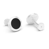Onyx and Diamonds Round Cufflinks, 18K White Gold on model