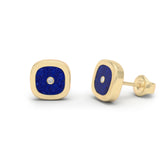 Lapis Lazuli & Diamonds Cushion Stud Earrings, 18K Gold