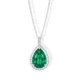 Pear emerald and diamond claw set 18k white gold necklace