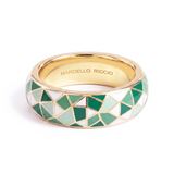 Hand Painted Multicolour Geometric Green Enamel Ring, 18K Yellow Gold