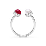 Cabochon Ruby, Diamond & Pearl Open Ring, 18K white Gold