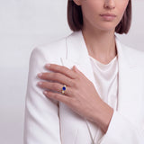 Round Sapphire & Diamond Bezel-Set Trilogy Ring in 18K Gold on model
