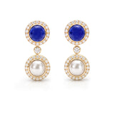 Cabochon Sapphire, Diamond & Pearl Drop Earrings, 18K Gold
