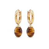 Tiger Eye Huggie Earrings, 18K Raw Gold