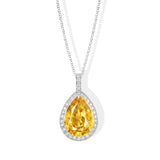 Pear yellow sapphire and diamond claw set 18k white gold necklace