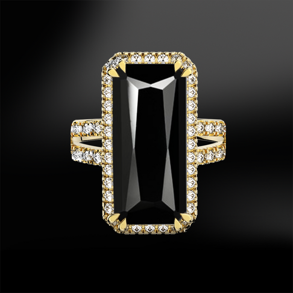 emerald cut black tourmaline halo diamonds platinum gold engagement wedding ring october birthstone