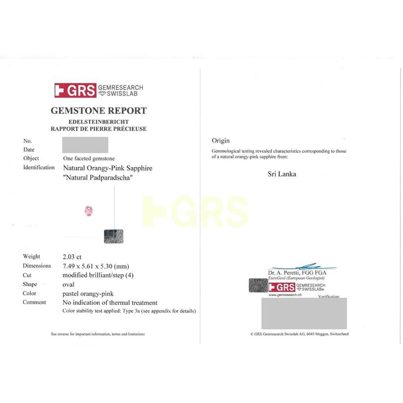 GRS 2 carats Oval Padparadsha peach Sapphire & Diamond Ring, 950