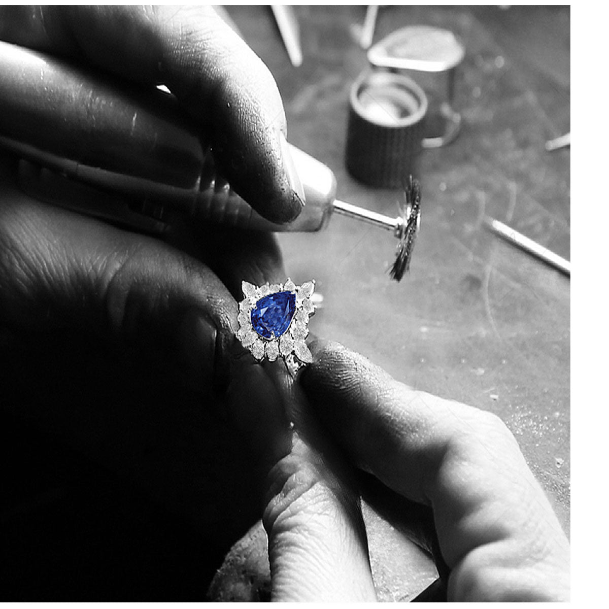 blue pear sapphire ring with diamonds workshop production