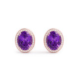 Oval Amethyst & Diamond Halo Earrings - 18K Rose Gold 