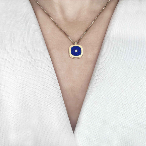 Lapis Lazuli & Diamond Cushion Bezel Set Pendant, 18K Gold