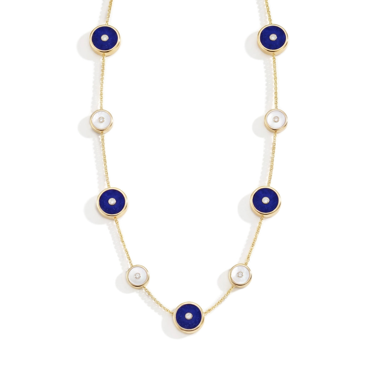 Lapis Lazuli, Diamond & Mother of Pearl Amulet Long Necklace, 18K Gold