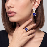 Lapis Lazuli, Mother of Pearl & Diamond Drop Earrings, Textured Gold on model