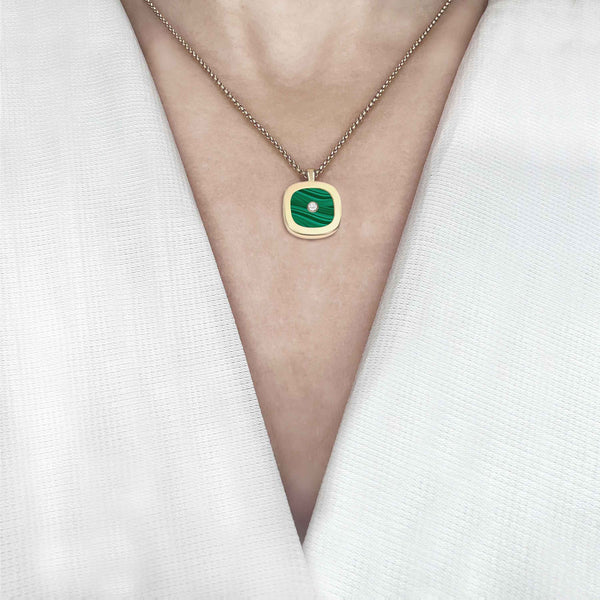 Malachite & Diamond Cushion Pendant, 18K Gold