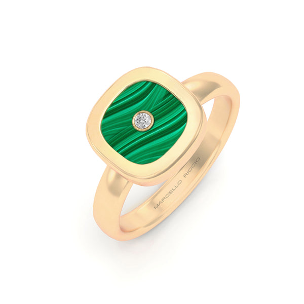 Malachite & Diamond Cushion Ring, 18K Yellow Gold