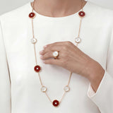 Carnelian, Diamond & Mother of Pearl Amulet Long Necklace and ring, 18K Gold on model