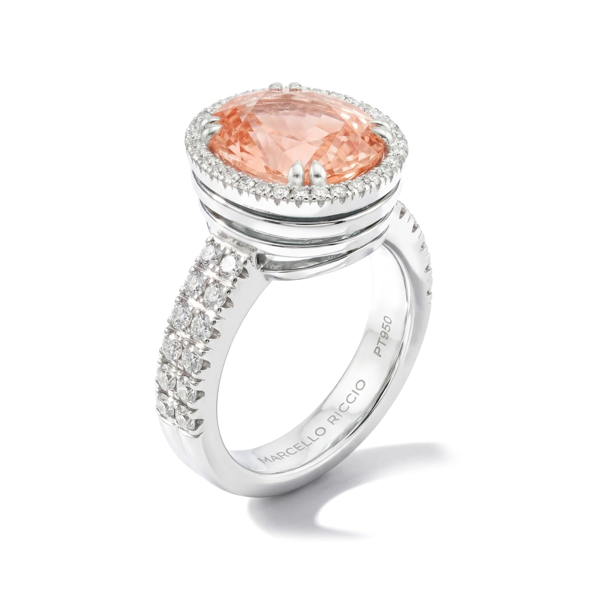 Padparadscha Peach Sapphire & Diamonds 950 Platinum Ring