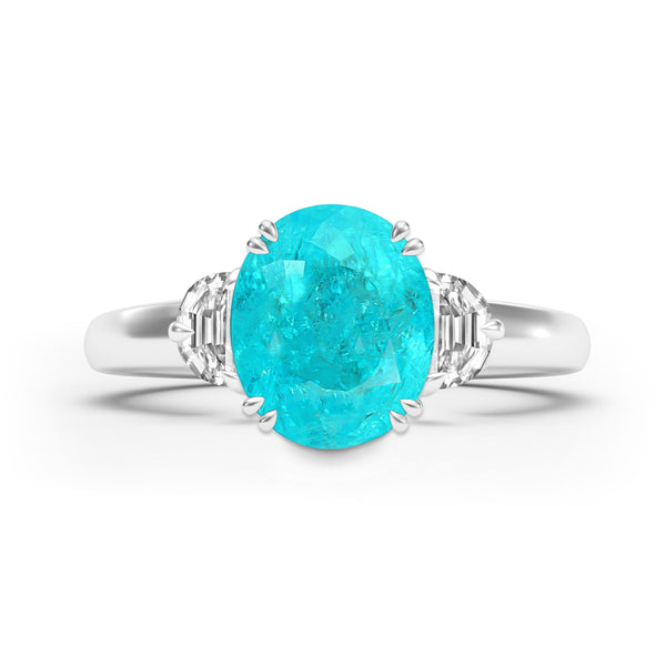 Oval Neon Paraiba Tourmaline & Diamond Trilogy Ring, Platinum