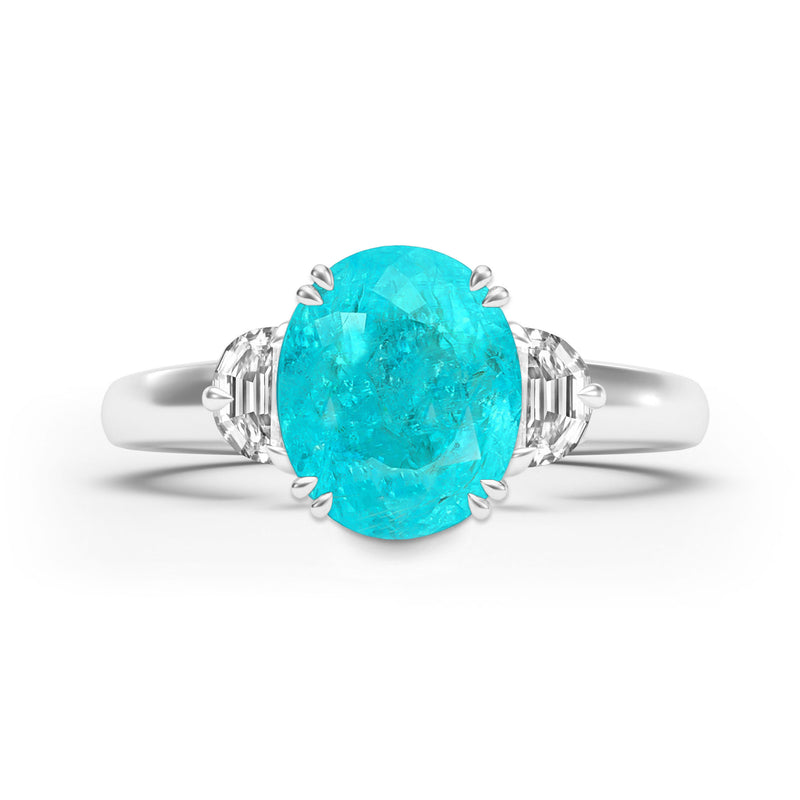 Oval Neon Paraiba Tourmaline & Diamond Trilogy Ring, Platinum