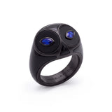 Sapphire & Black Onyx Snowy Owl Ring, Black PVD 18K Gold