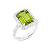 Octagon Peridot and Diamonds Engagement Ring, 18K White Gold