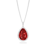 pear ruby and diamond halo pendant in 18ct white gold