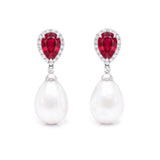 Pear Ruby, Diamond & Pearl Drop Earrings,18K White Gold