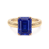 Sapphire claw set solitaire engagement ring, 18K Yellow Gold