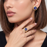 Cabochon Lapis Lazuli & Diamond Bezel Set Ring and earrings, 18K Yellow Gold on model