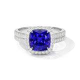 Cushion Tanzanite & Diamond Halo, 18K White Gold Ring