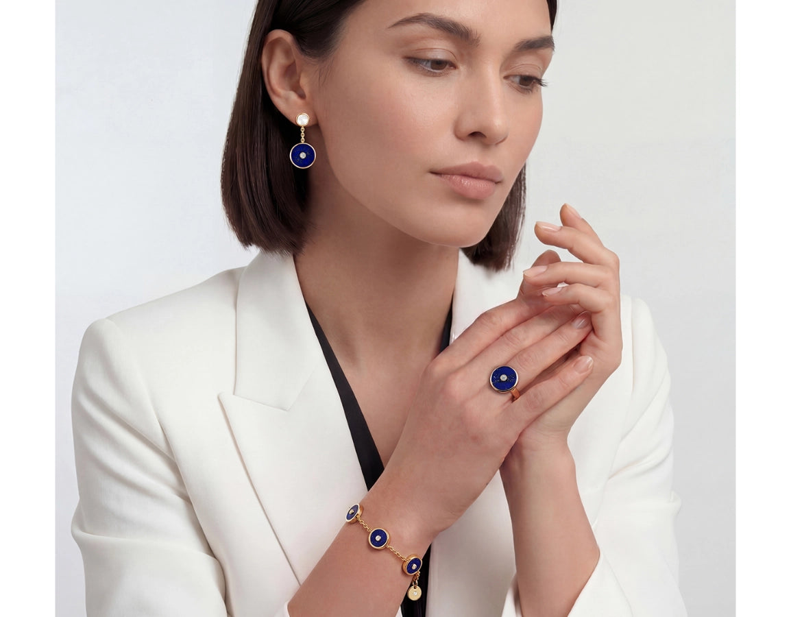 lapis lazuli earrings , ring and bracelet set on model salvador collection marcello riccio 