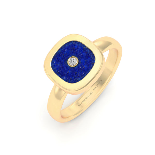 Lapis Lazuli & Diamond Cushion Bezel Set Ring, 18K Yellow Gold