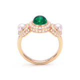 Cabochon Emerald, Diamond & Pearl Trilogy Ring, 18K Gold