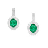 Oval Emerald and Diamond Drop Dangle Earrings,18K White Gold