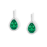 Pear emerald and diamond drop dangle 18k white gold earrings